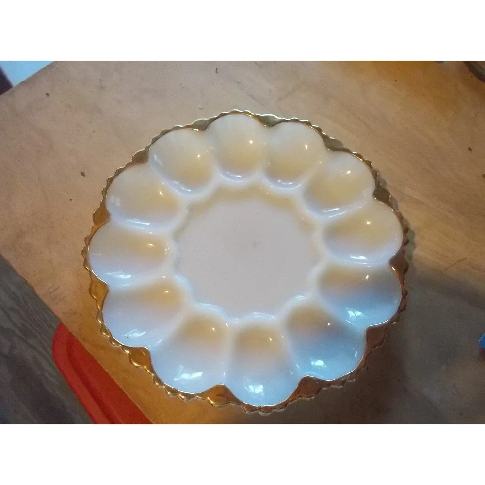 Vintage Milk Glass Deviled Egg Platter Gold Trim Scalloped Edge 12 Slot Server